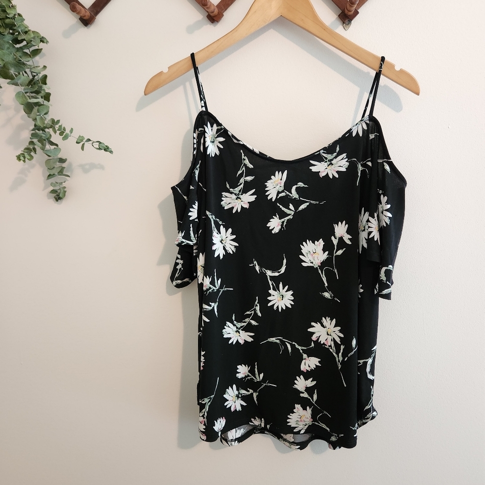 Black floral cold shoulder top large